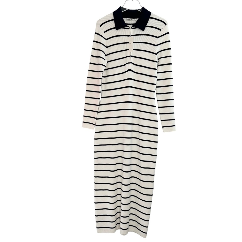 Abercrombie & Fitch Ribbed Knit Midi Sweater Dress Large White Striped Nautical